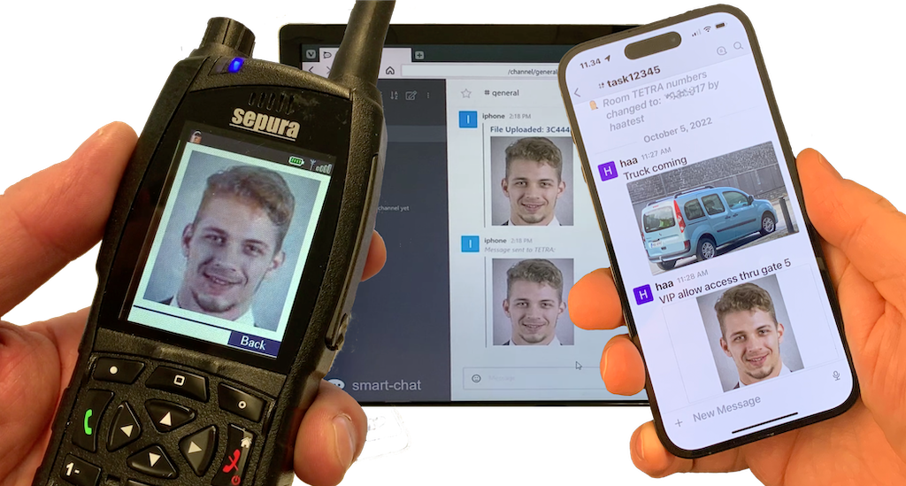Photos of Portalify chat SmartChat with TETRA radio, smartphone and office screen, showing message with photo