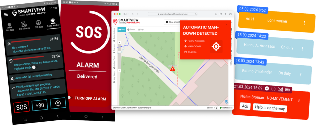 Screenshots of Portalify SmartView worker safety app, control room map view and status list